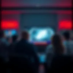 A group of people watching a news segment about UFOs and alien existence on a television screen, expressing curiosity and intrigue.