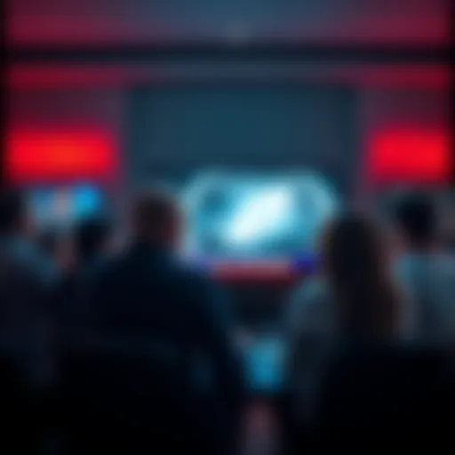 A group of people watching a news segment about UFOs and alien existence on a television screen, expressing curiosity and intrigue.