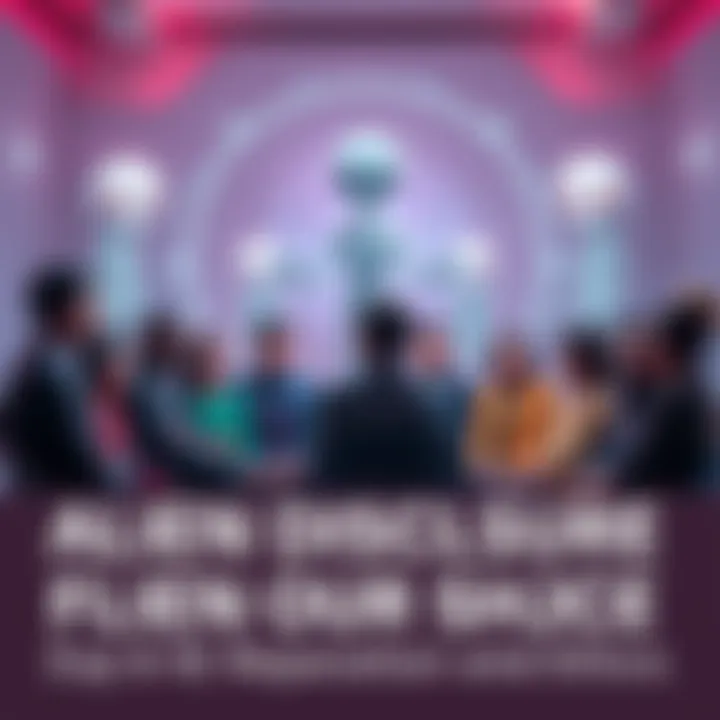 A diverse group of people discussing reparations in a futuristic setting with alien symbols in the background