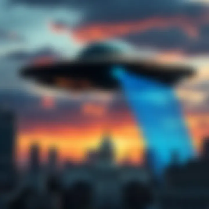A graphic depicting an alien spacecraft above a city skyline, with government buildings and a digital projection indicating Project Blue Beam, symbolizing hidden agendas and transparency.