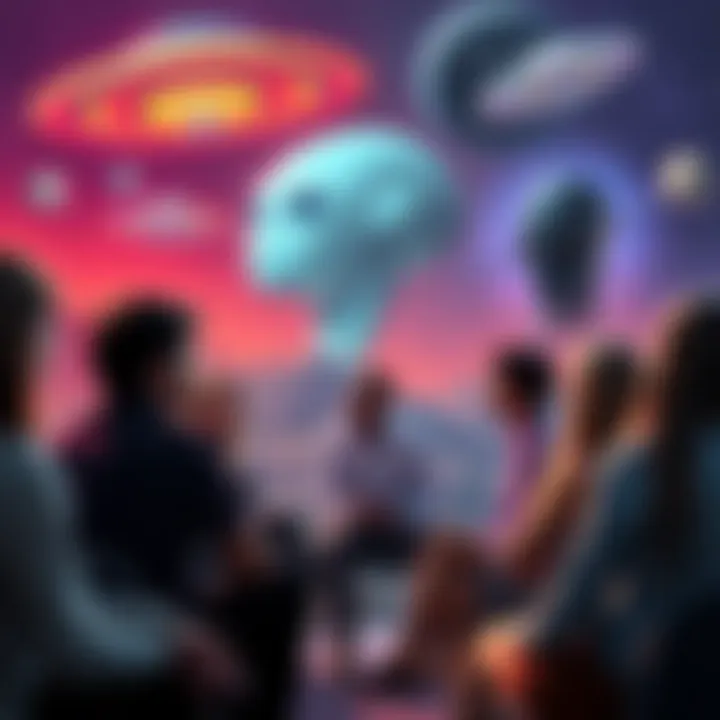 Alien Discussion A group of people engaged in a discussion about aliens, with images of UFOs and planets in the background.