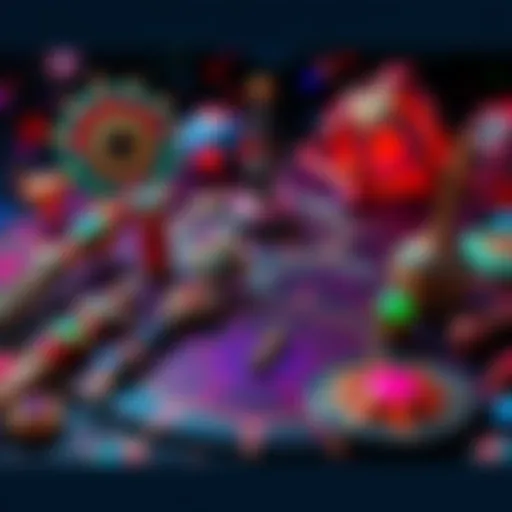 A colorful display of futuristic alien divination tools and symbols on a cosmic background