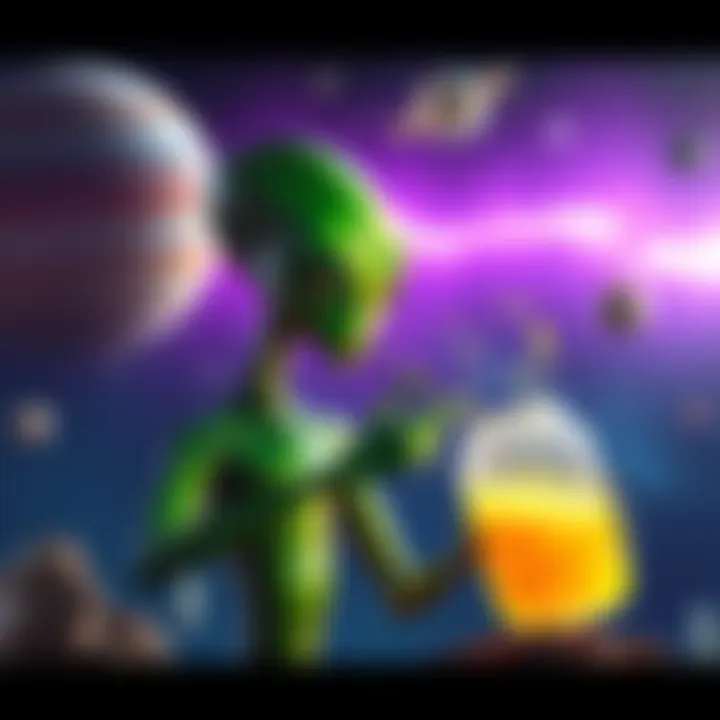 A green alien character holds a glowing container filled with uranium, gazing curiously at it in a cosmic background with stars and planets.