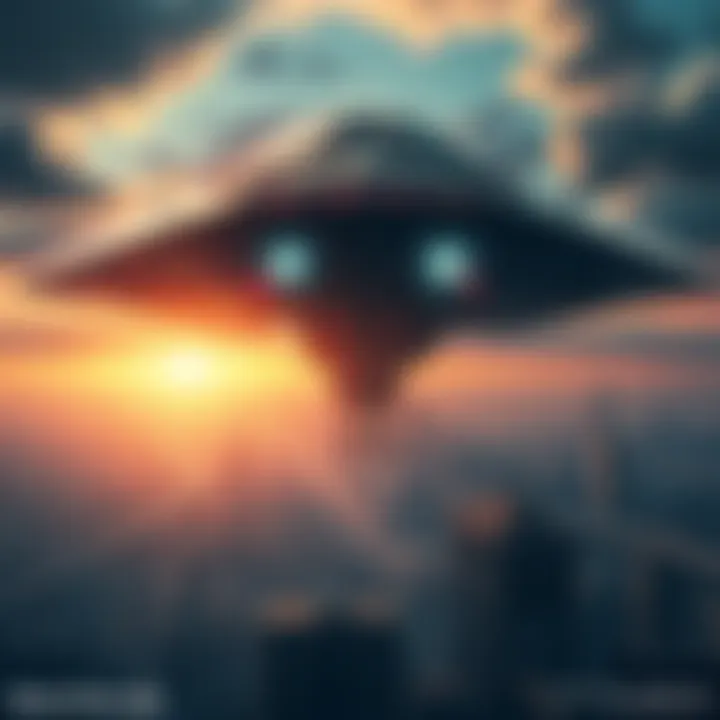 A depiction of an alien spacecraft hovering over a city, symbolizing inter-galactic control and influence on humanity.