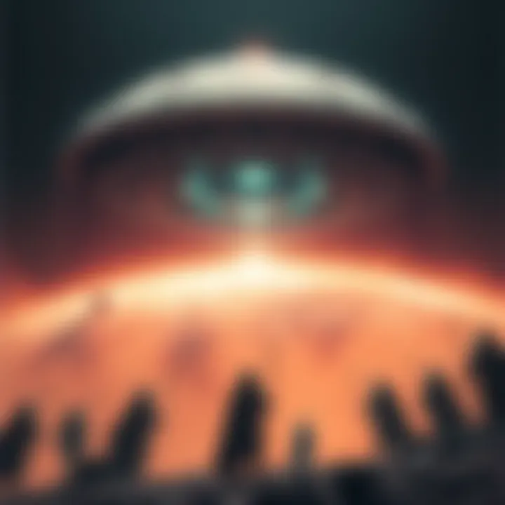 An artist's depiction of an alien spacecraft hovering above Earth, with figures symbolizing the Anunnaki in the foreground.
