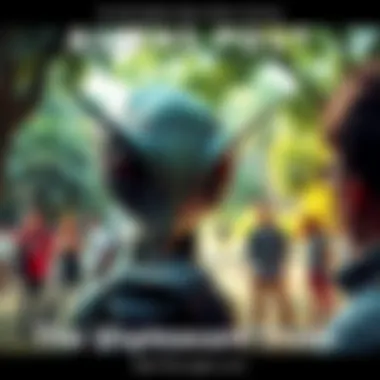 A close-up of an alien figure with large eyes and green skin looking toward a group of frightened people in a park setting.
