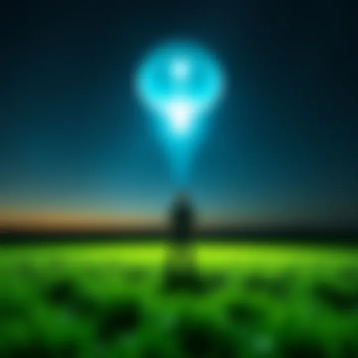 A humanoid figure standing in a green field under a starry sky, with bright lights hovering above.