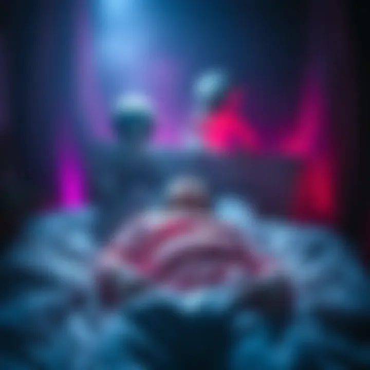 A person lying in bed, surrounded by strange, glowing figures, feeling paralyzed and scared.