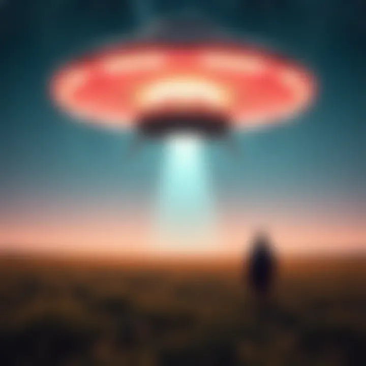 A glowing spaceship lands in a field under a starry sky, with a silhouette of a person looking on in awe.