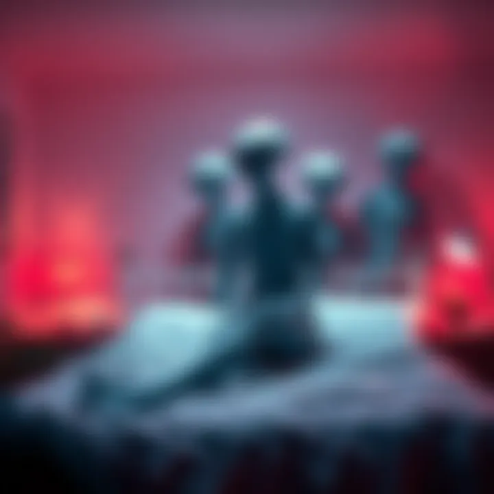 A surreal scene showing a DevOps engineer in a bedroom with grey-like aliens observing him, creating a sense of calm rather than fear.