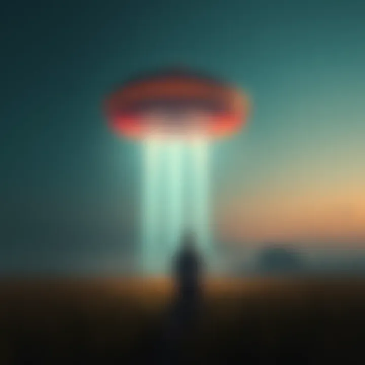 A person standing in a field looking up at a spaceship hovering overhead, with bright lights shooting down.