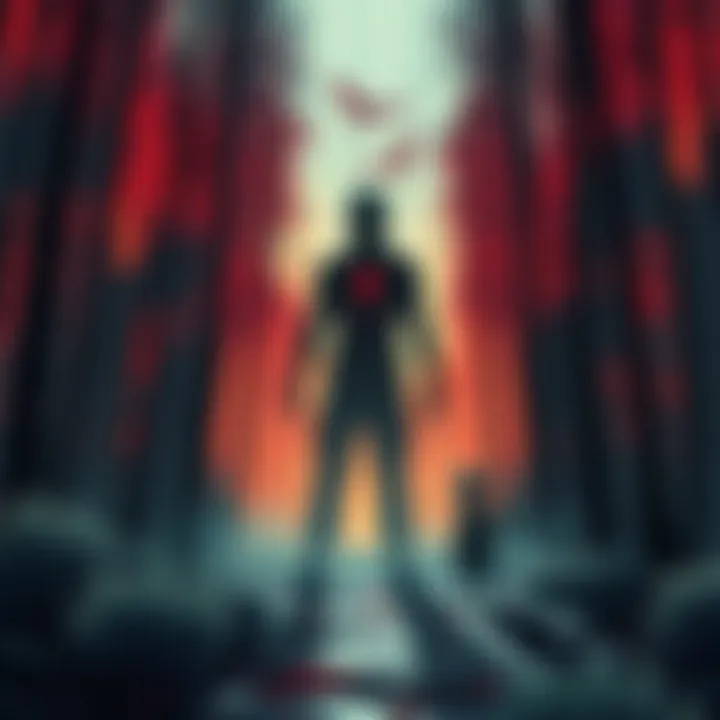 Illustration showing a shadowy figure in a forest, with unsettling imagery reflecting human mutilation and a child nearby, suggesting a connection to alien encounters.