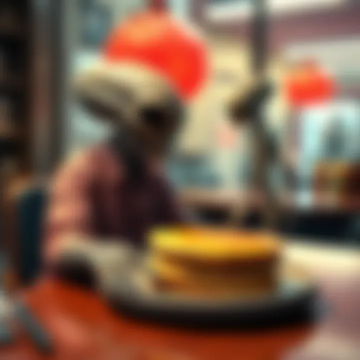 Alien Encounter with Pancakes A man sitting at a table with a plate of cardboard-like pancakes, an alien figure standing nearby, both looking at each other in surprise.