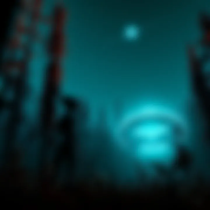 Alien Encounter Scene A humanoid alien stands next to a glowing spacecraft in a forest at night, with bright stars in the sky.
