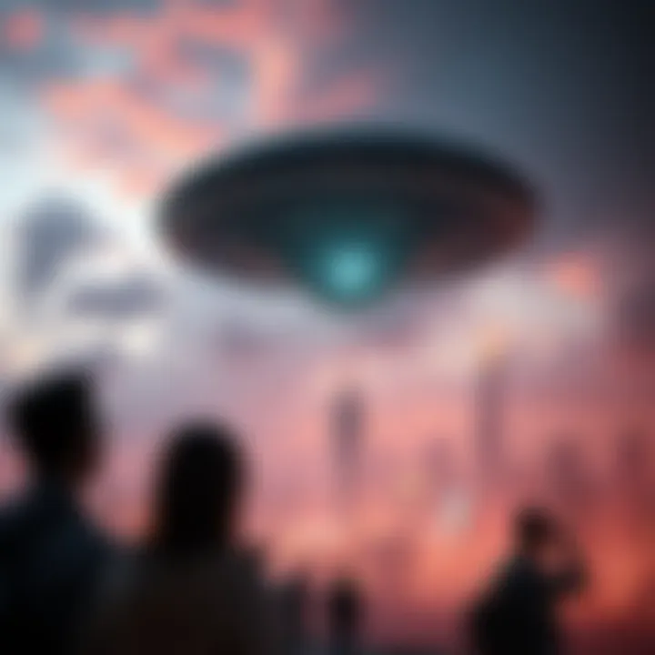A scene depicting a mysterious alien spacecraft hovering above a city skyline, with people gazing up in awe and fear.