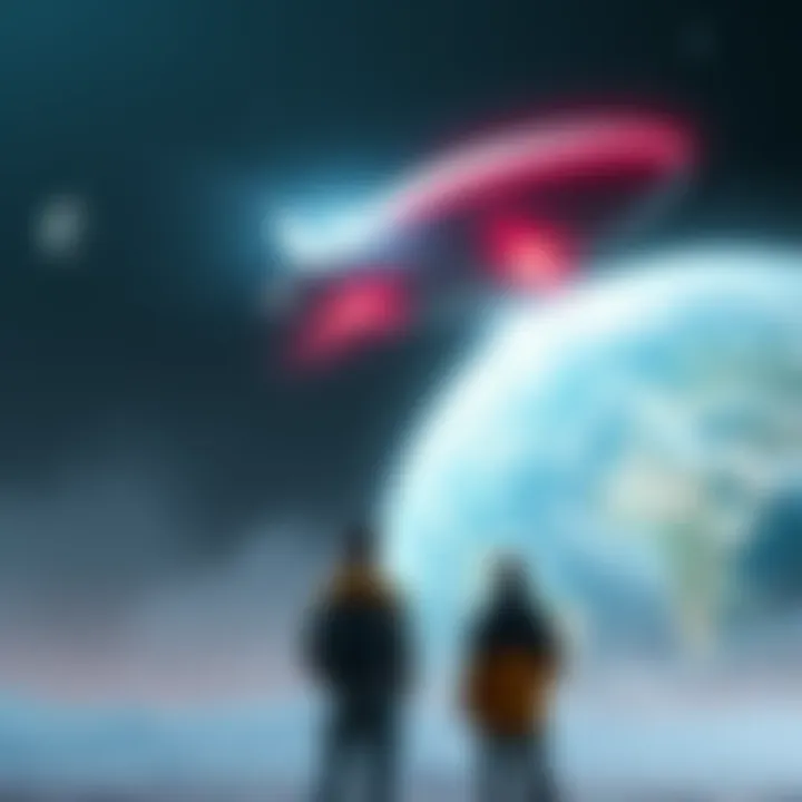 Alien Encounters A futuristic scene depicting aliens visiting Earth, with a spaceship hovering above and humans observing in awe.
