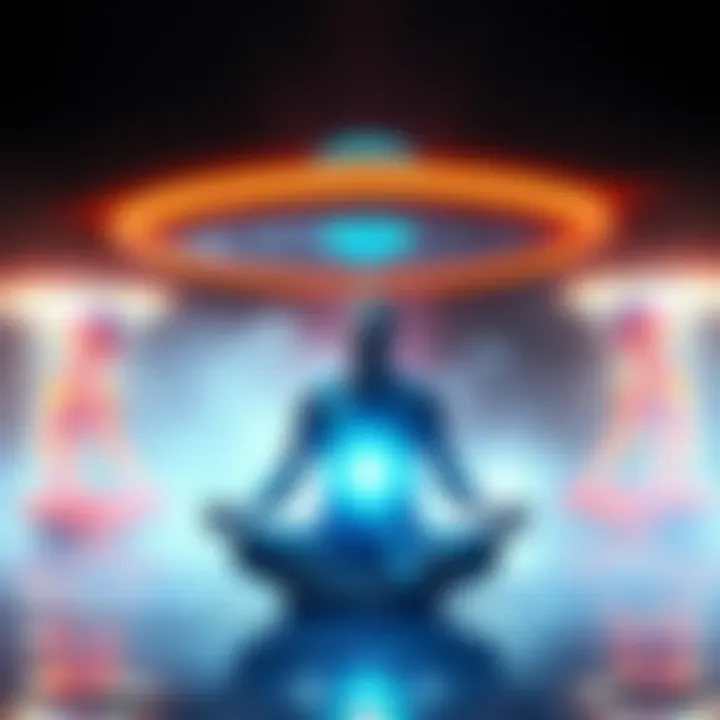 A person channeling energy while sitting in a meditative pose, surrounded by glowing light and abstract shapes representing UFOs and interdimensional beings.