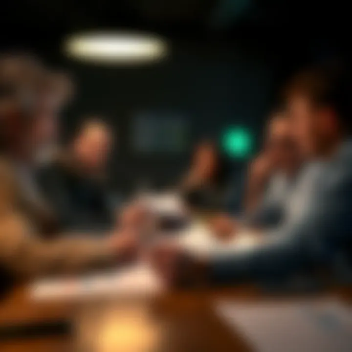 A group of people engaged in a serious discussion about reparations and ethics related to extraterrestrial topics, with charts and documents on the table