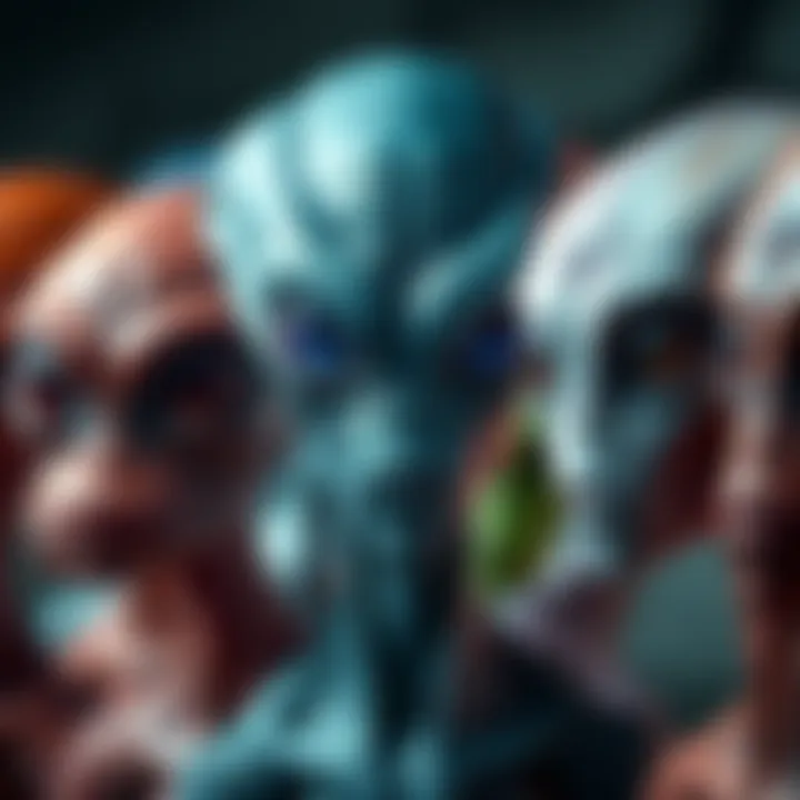 An artistic representation of various alien beings with distinct features, showcasing diversity in appearance, such as large eyes and different skin colors.