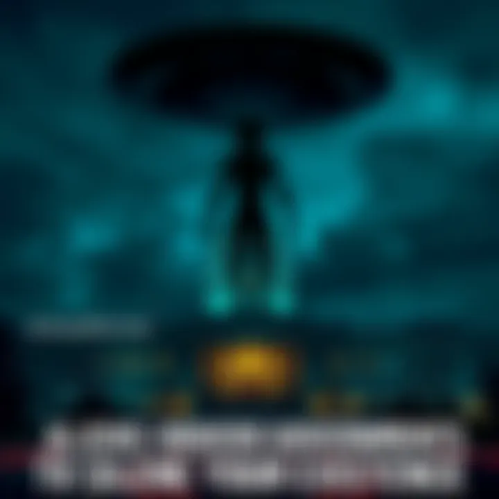 A shadowy alien figure hovering above government buildings, symbolizing the theory of extraterrestrials influencing world leaders, with a night sky in the background.