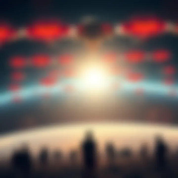 A large fleet of alien spacecrafts in the sky above Earth, with bright lights and advanced technology, signaling an impending arrival. People on the ground looking up in awe and fear.