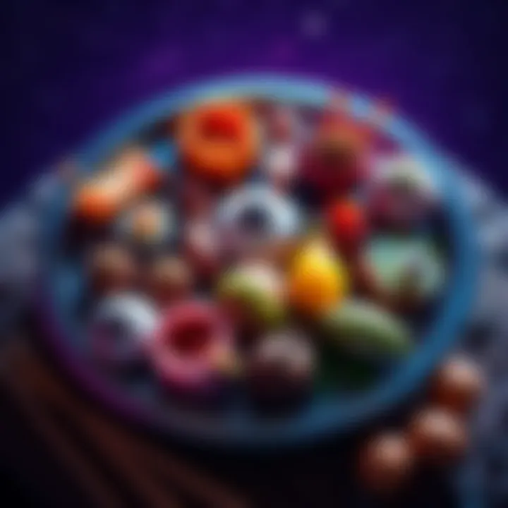 Alien Food Platter A colorful platter featuring imaginative dishes inspired by alien cuisine, with unusual shapes and vibrant colors, set against a starry background.