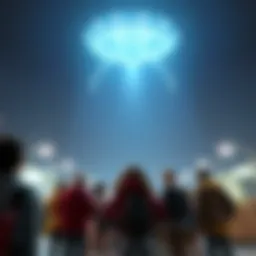 A blurry frame showing a mysterious flying object in the sky, with people below looking up in awe.