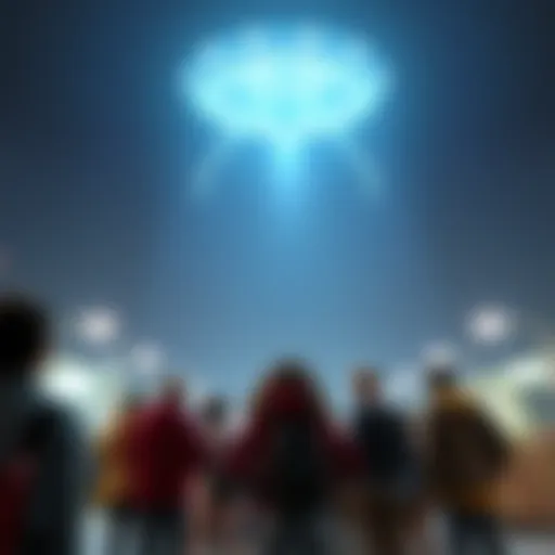 A blurry frame showing a mysterious flying object in the sky, with people below looking up in awe.