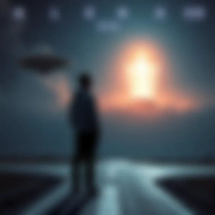 A person standing at a crossroads, looking up at a starry sky with an alien ship and a glowing figure resembling a deity in the distance, symbolizing the clash between belief in aliens and a divine creator.
