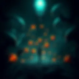 Alien Harvesting Emotions A dark scene showing a figure surrounded by shadowy alien forms, with visible emotional bursts in the air, representing fear and sadness.