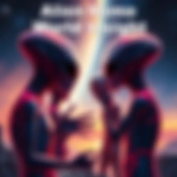 An artistic depiction of alien beings discussing their home worlds with a human, with a starry background representing the cosmos.