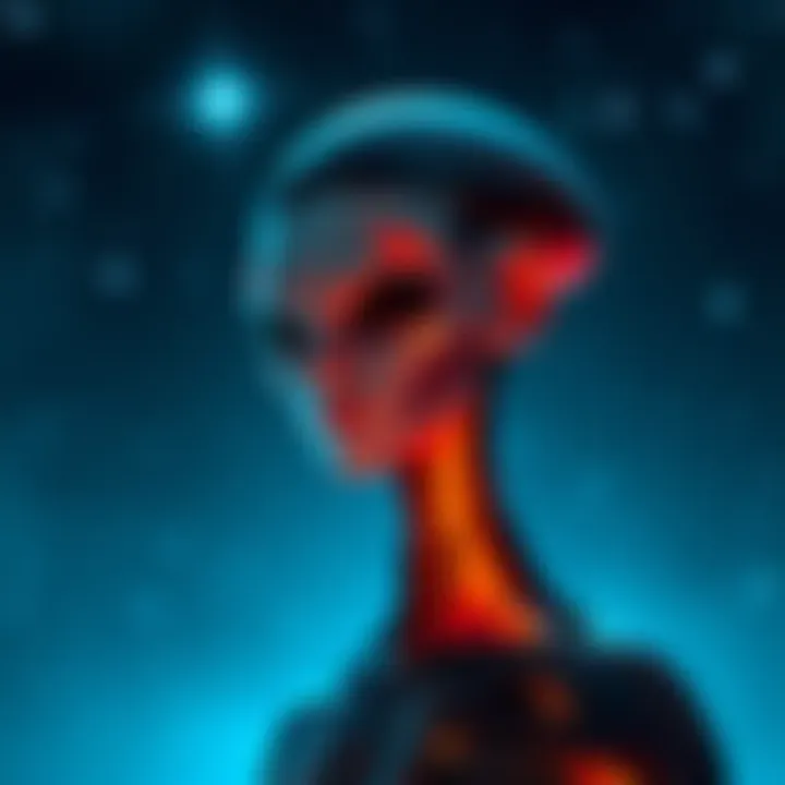Alien-Human Hybrid Concept An artistic representation of a figure that looks part human and part alien, set against a starry background, suggesting the idea of hybridization.