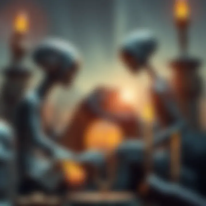 A human and an alien figure engage in a conversation about spirituality and history, surrounded by symbols of religion and ancient artifacts.