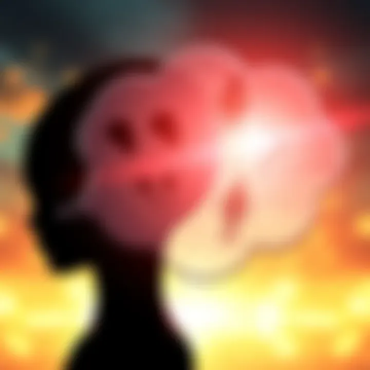 Alien Hybrid Concept A thought bubble with different symbols representing internal dialogues, surrounded by a silhouette of an alien hybrid figure.