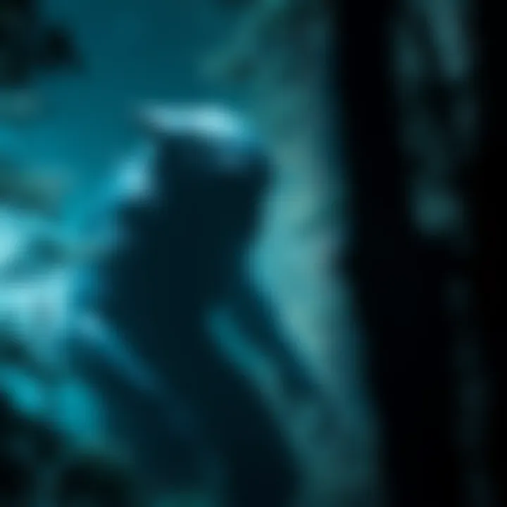 A representation of an alien hybrid being with human features, surrounded by a shadowy forest setting, hinting at connections to cryptids like Bigfoot.