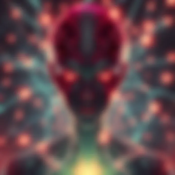 An illustration of a human figure merging with alien features, surrounded by a glowing psychic network.