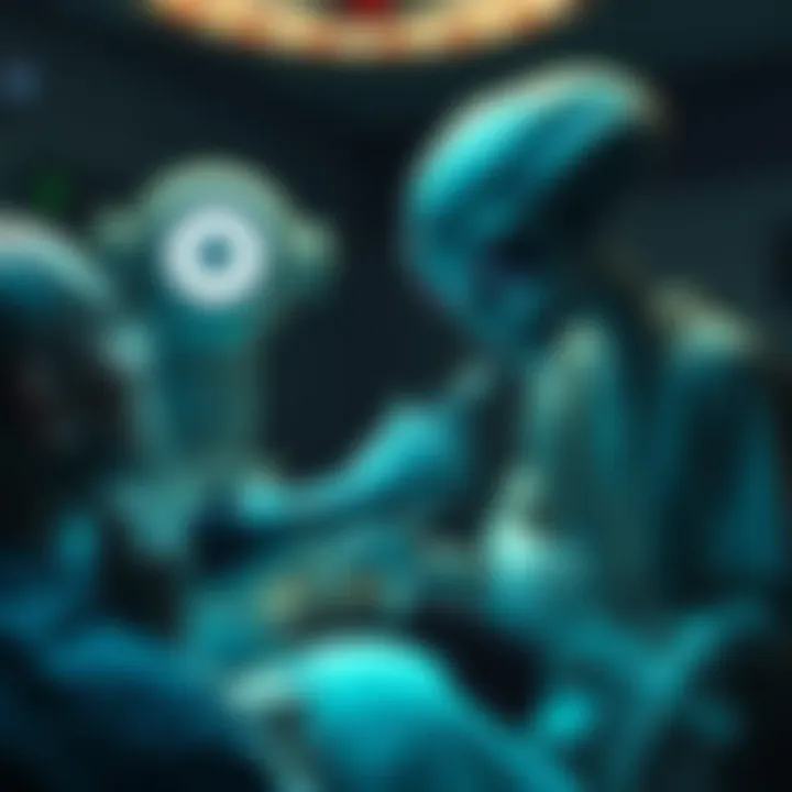 A depiction of an alien conducting an examination with a human subject, illustrating themes of genetic manipulation and hybridization.