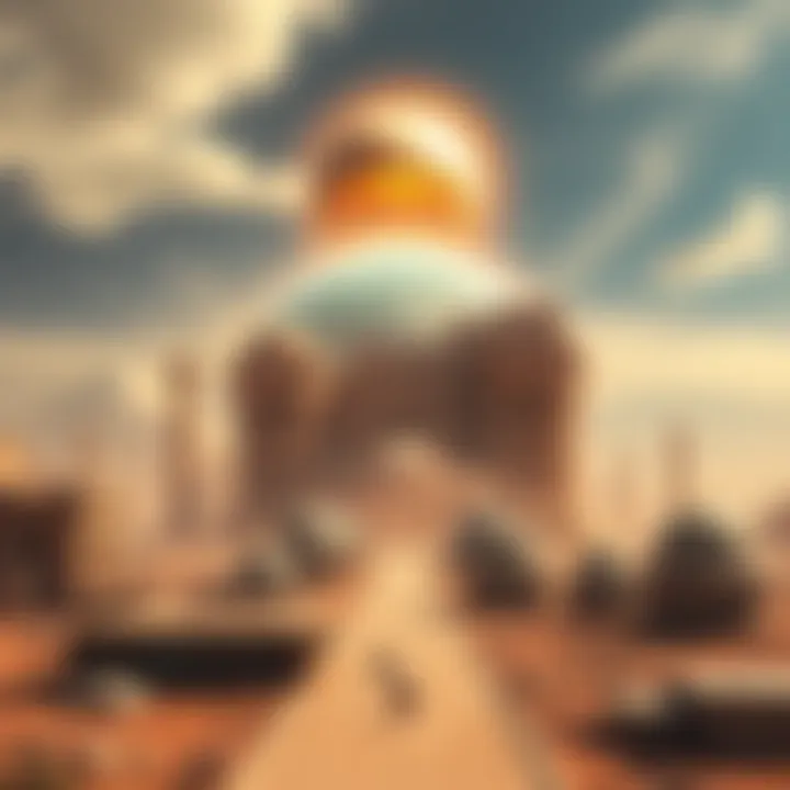 A depiction of aliens subtly affecting Earth, with a glowing orb hovering above a landscape filled with ancient structures and modern buildings.