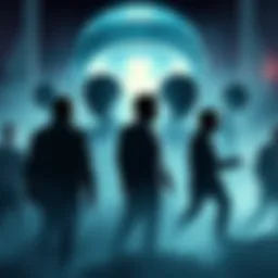 Alien Influence on Leaders A dramatic scene showing shadowy figures of world leaders with alien silhouettes in the background, suggesting mind control.