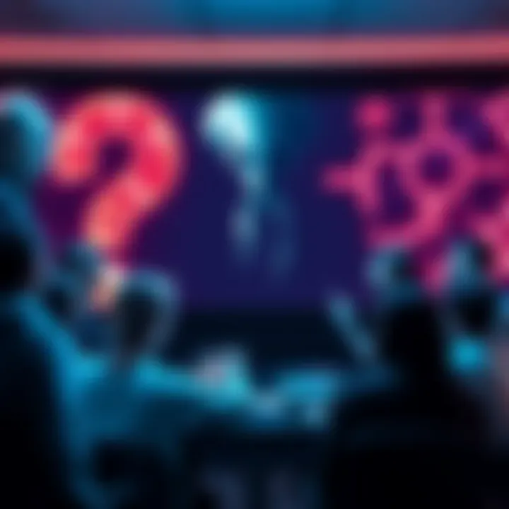 A group of people gathered around a screen discussing the Alien Interview video from The Why Files, with visuals of alien and prison planet theories displayed behind them.