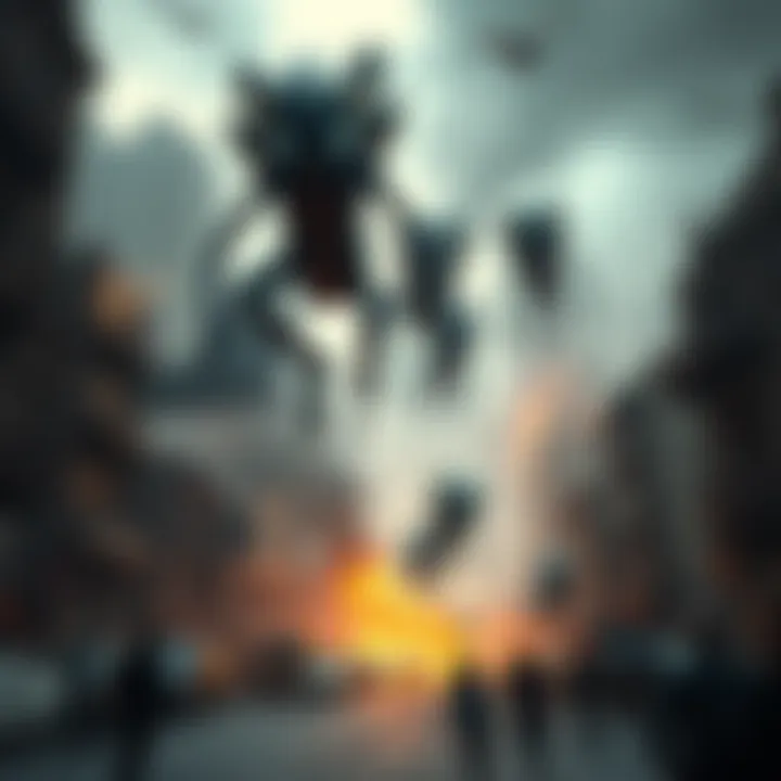 A scene showing aliens descending on a city in chaos, with people fleeing and destruction all around.