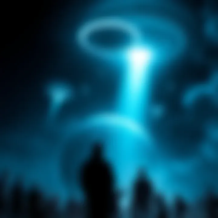 Alien invasion concept art Art showing a dark sky with UFOs approaching Earth, people looking up in fear and curiosity.