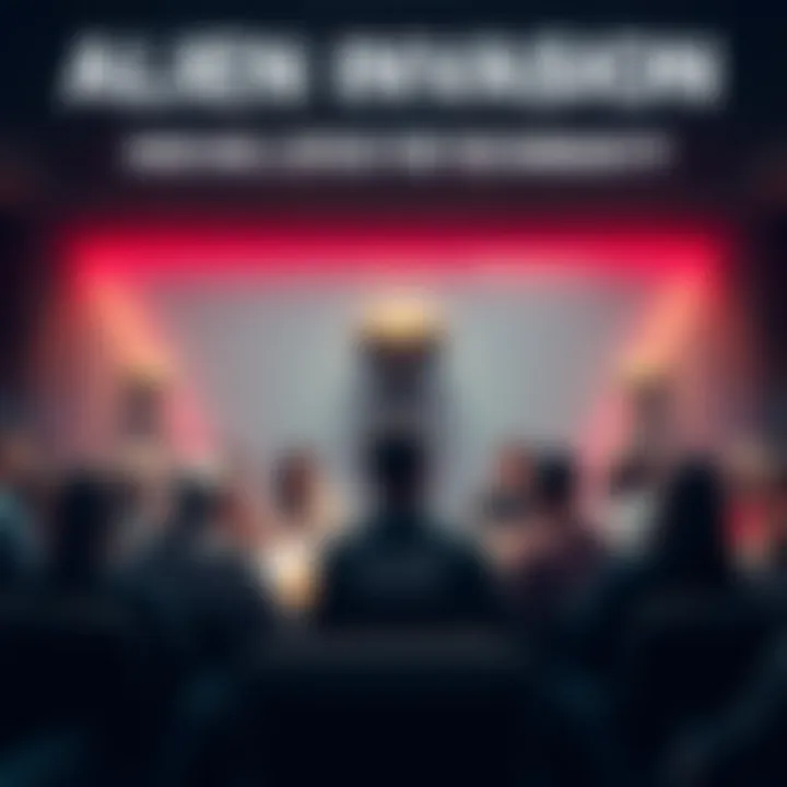 A group of diverse people gathered in a conference room, engaging in a serious discussion about alien encounters and representation for humanity.