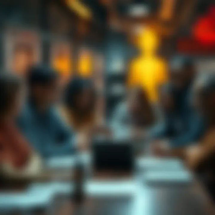 A diverse group of people engaged in a heated discussion about the 2027 alien invasion rumors, with papers and laptops on a table.