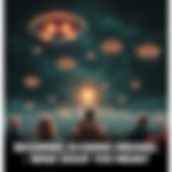 A dark night sky filled with UFOs and bright lights over a dystopian cityscape, showing people looking up in fear and awe.