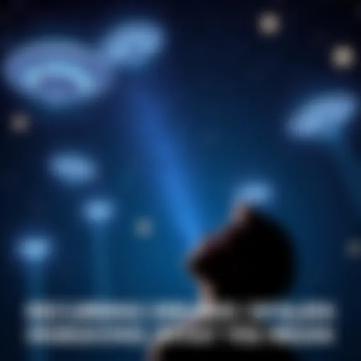 A person looking up at a night sky filled with UFOs and bright stars, representing dreams of alien invasions.