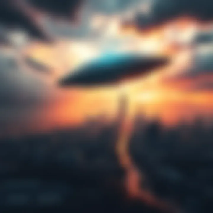 A vivid dream scene depicting an alien spaceship hovering over a city, with dark clouds and a dystopian atmosphere.