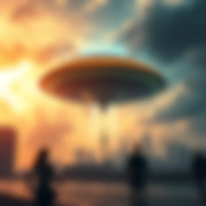 A dramatic scene showing an alien spacecraft hovering over a city skyline, with people looking up in fear and awe.