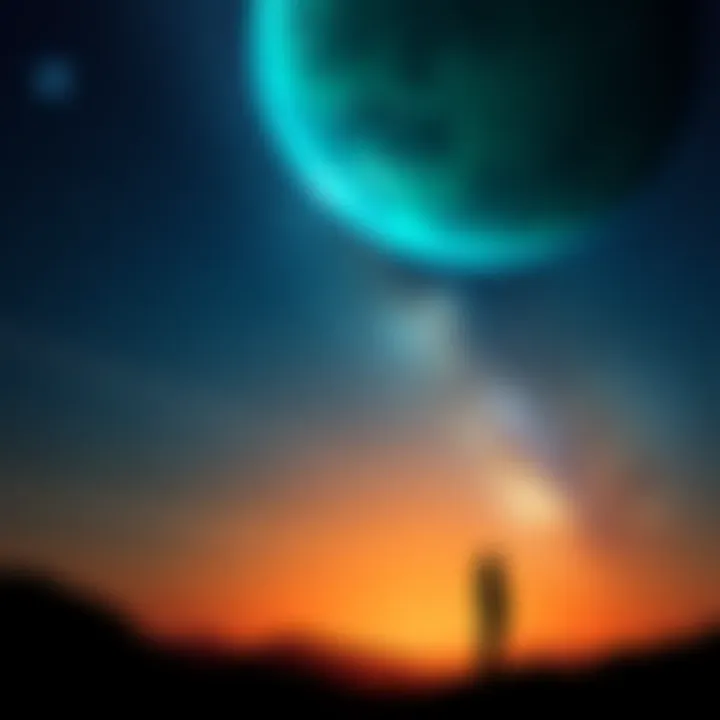 Alien Landscape A vast, starry sky with a distant green planet and a silhouette of a person looking up in wonder.