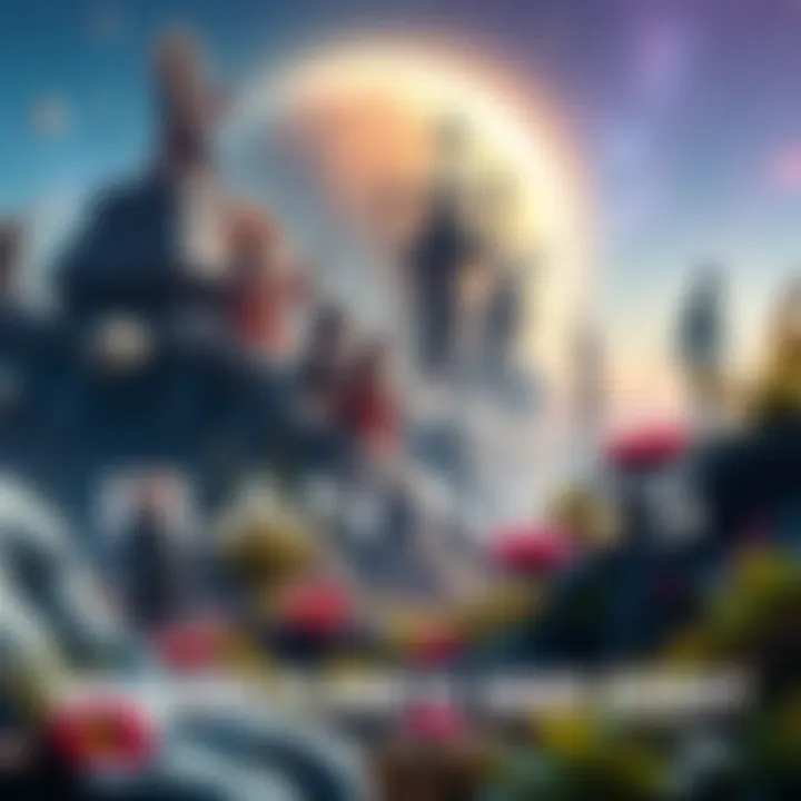 A colorful alien planet featuring diverse beings that resemble gods, surrounded by strange plants and stars in the background.
